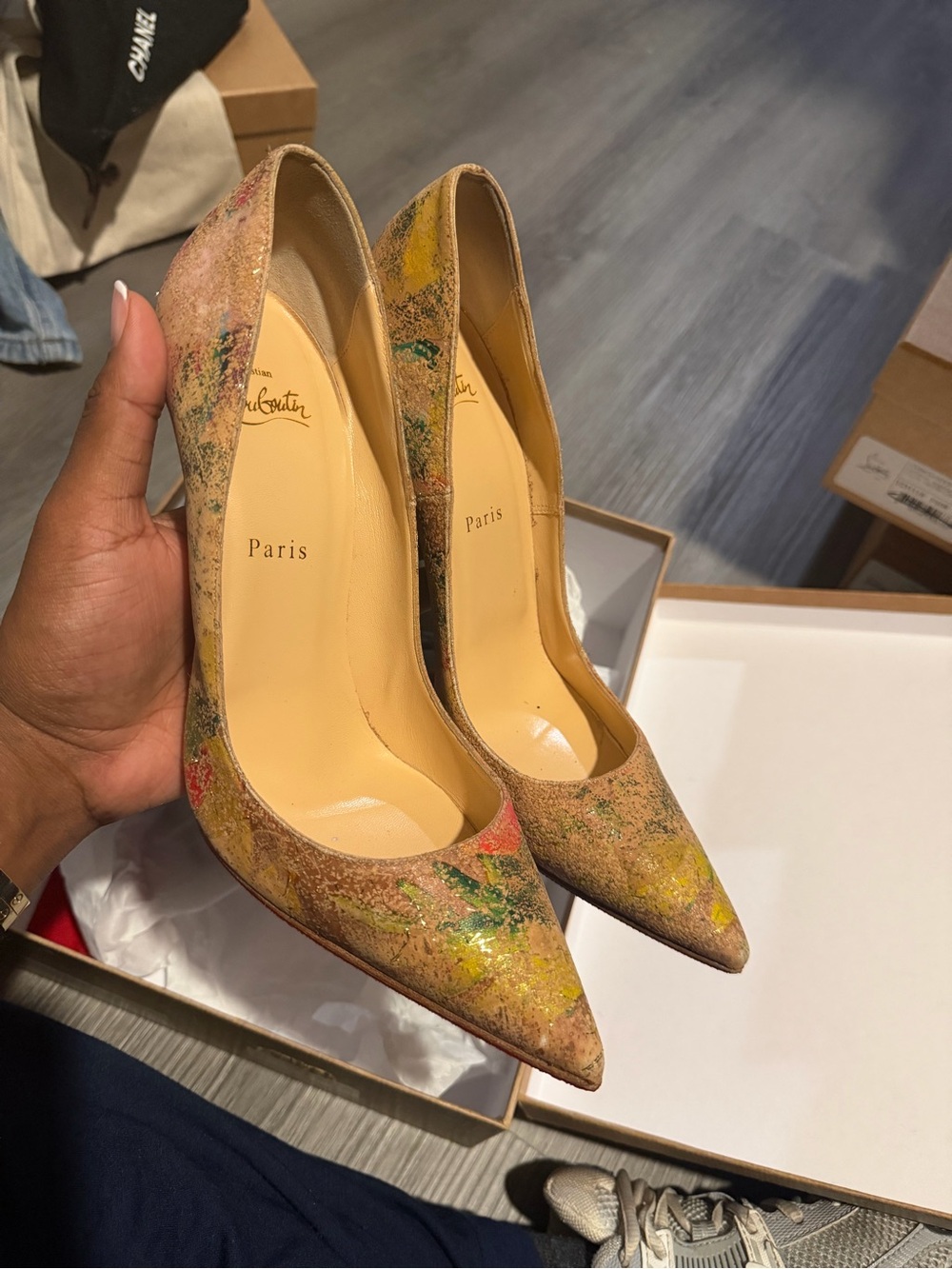Christian Louboutin Kate 100s Nude Multicolor Paint-Splatter Pointed Toe Pumps